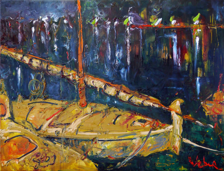 Painting titled "Silent Night" by Oksana Veber, Original Artwork, Oil Mounted on Wood Stretcher frame