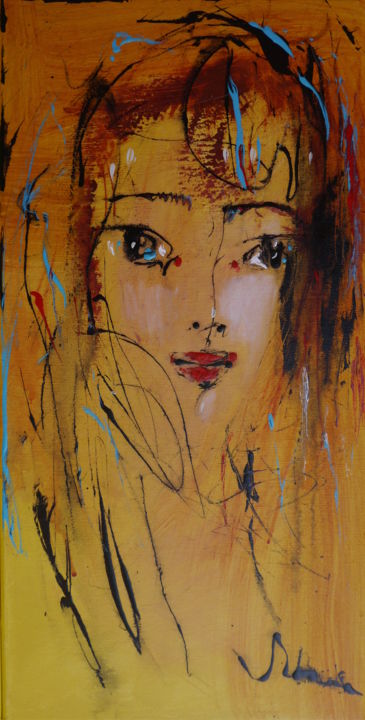 Ζωγραφική με τίτλο "Portrait in ochre t…" από Oksana Veber, Αυθεντικά έργα τέχνης, Ακρυλικό Τοποθετήθηκε στο Ξύλινο φορείο σ…