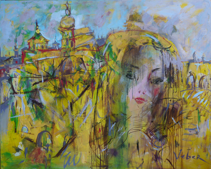 Painting titled "In an old town" by Oksana Veber, Original Artwork, Oil Mounted on Wood Stretcher frame