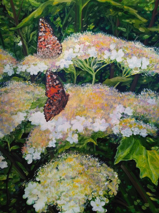 Painting titled ""Цветы калины весно…" by Oksana Verstiuk, Original Artwork, Acrylic Mounted on Wood Panel