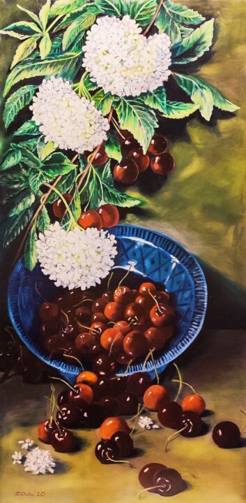 Painting titled "Hydrangea with cher…" by Oksana Zaskotska, Original Artwork, Oil