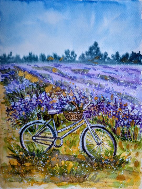 Painting titled "Bicycle with lavend…" by Oksana Zolotova, Original Artwork, Watercolor