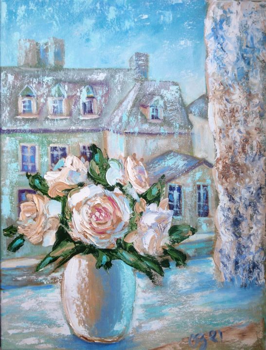 Ζωγραφική με τίτλο "Roses on the window" από Oksana Zolotova, Αυθεντικά έργα τέχνης, Λάδι