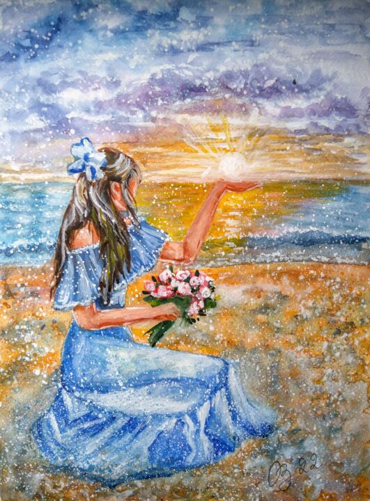 Painting titled "The sun in the palm…" by Oksana Zolotova, Original Artwork, Watercolor