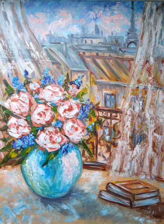 Painting titled "City of Paris" by Oksana Zolotova, Original Artwork, Oil Mounted on Wood Stretcher frame