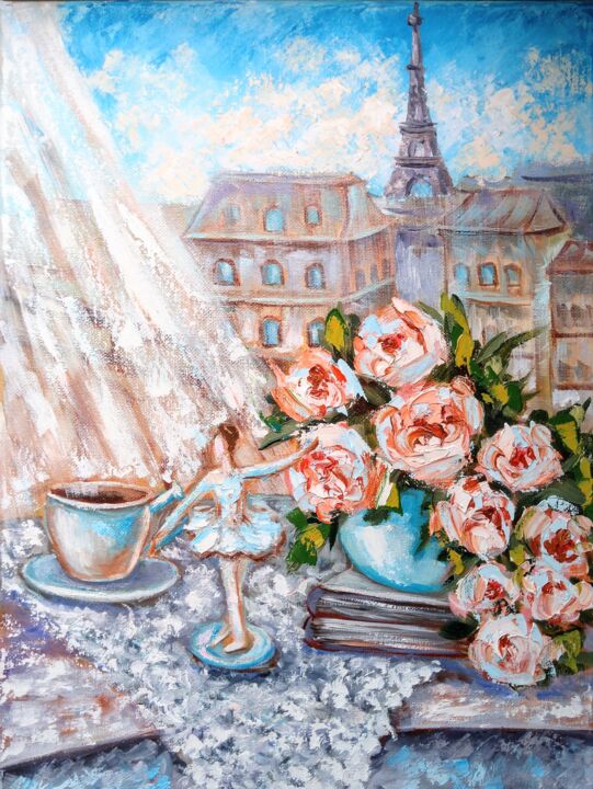 Painting titled "Morning in Paris" by Oksana Zolotova, Original Artwork, Oil Mounted on Wood Stretcher frame