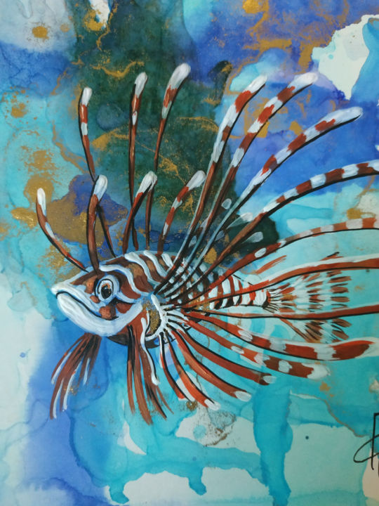 Painting titled "Small Sea Fish Orig…" by Oksana Pritula, Original Artwork, Ink