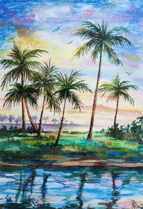 Painting titled "Hawaii Palm Tree Pa…" by Oksana Pritula, Original Artwork, Acrylic