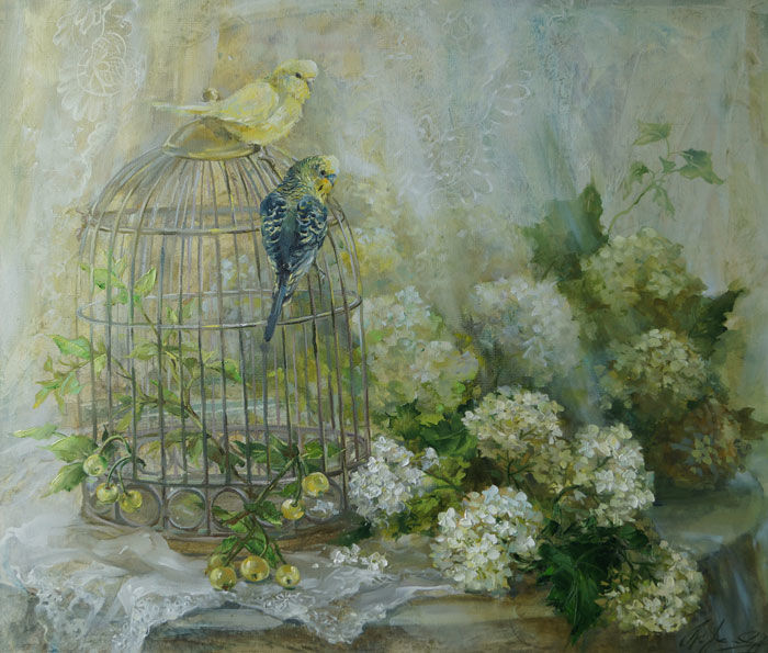 Painting titled ""Утро с волнистикам…" by Oksana Kravchenko, Original Artwork, Oil
