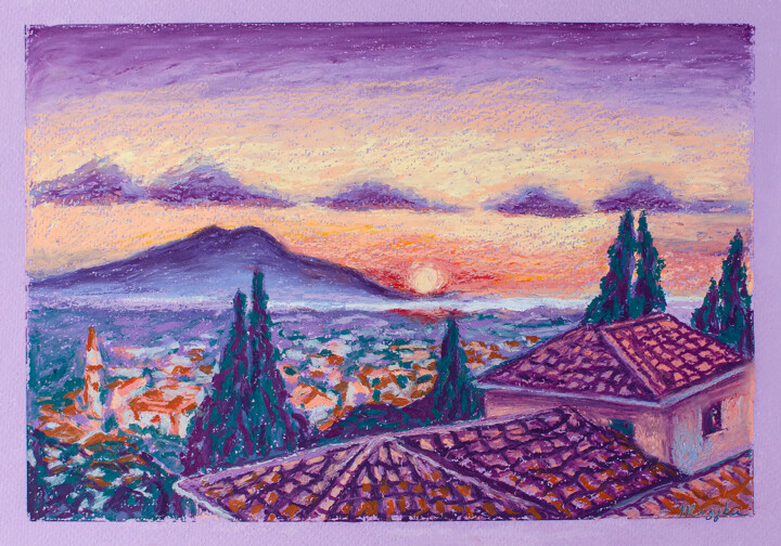 Drawing titled "Sunrise view from h…" by Oksana Muzyka, Original Artwork, Pastel