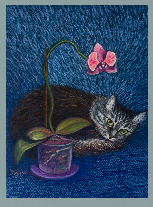 Рисунок под названием "Cat with orchid" - Oksana Muzyka, Подлинное произведение искусства, Пастель