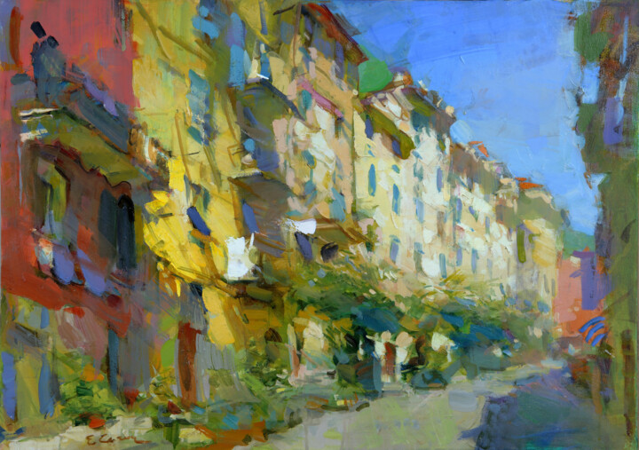 Painting titled ""Riomaggiore"" by Eugene Segal, Original Artwork, Oil Mounted on Wood Panel