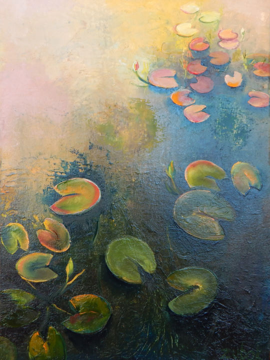 Peinture intitulée "Water lily leaves" par Oksana Zubok, Œuvre d'art originale, Huile