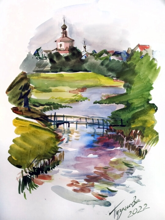 Schilderij getiteld "Kamenka River" door Olga Puzanova, Origineel Kunstwerk, Aquarel