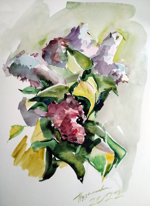 Картина под названием "Lilac bush" - Ольга Пузанова, Подлинное произведение искусства, Акварель