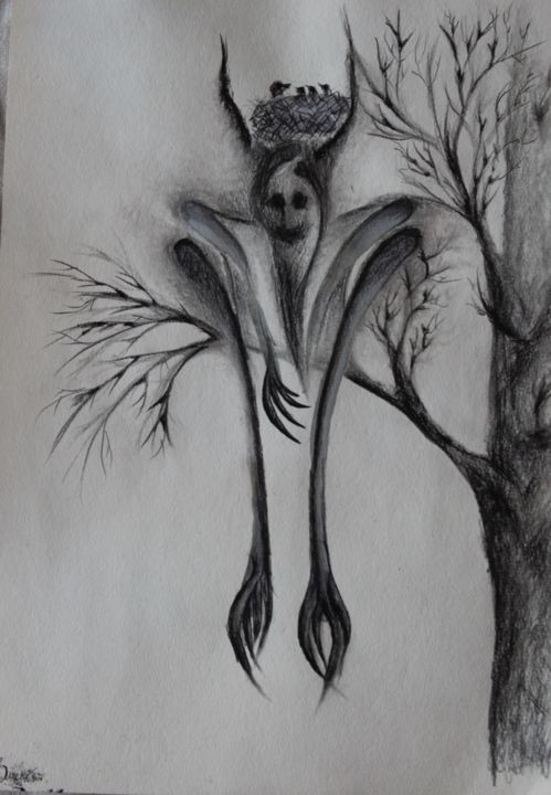 Рисунок под названием "Spirit of the forest" - Olga Emelianova, Подлинное произведение искусства, Карандаш