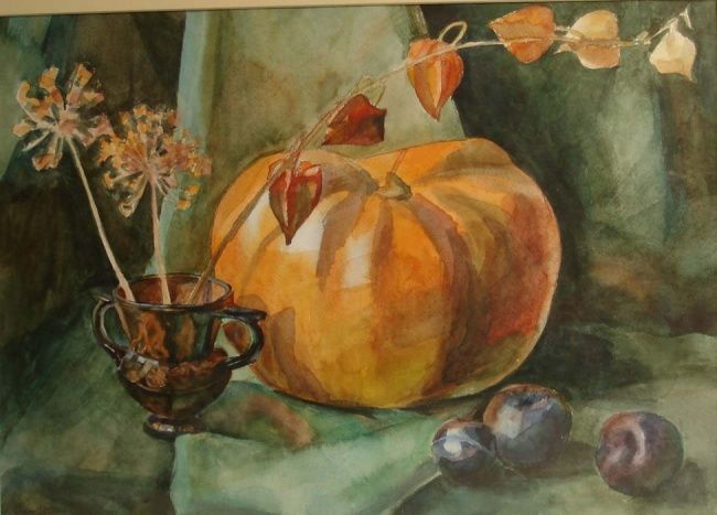 Картина под названием "Натюрморт с тыквой…" - Сухова, Подлинное произведение искусства, Масло