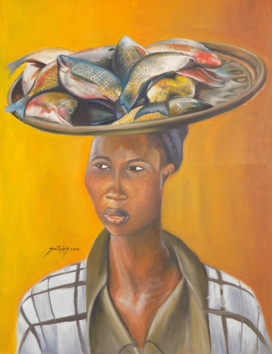 Malerei mit dem Titel "fish-seller.jpg" von Olaoluwa Smith, Original-Kunstwerk, Öl