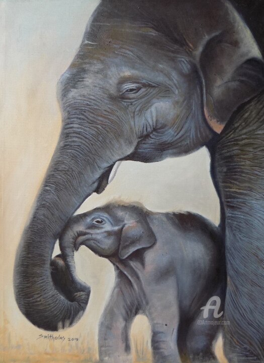 Peinture intitulée "Elepant and Calf" par Olaoluwa Smith, Œuvre d'art originale, Huile
