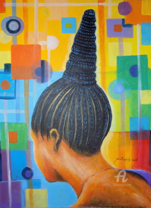 Painting titled "Traditional-hair-st…" by Olaoluwa Smith, Original Artwork, Acrylic