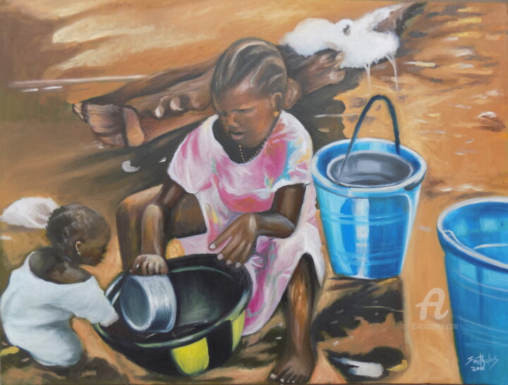 Painting titled "Children Waterplay" by Olaoluwa Smith, Original Artwork, Oil