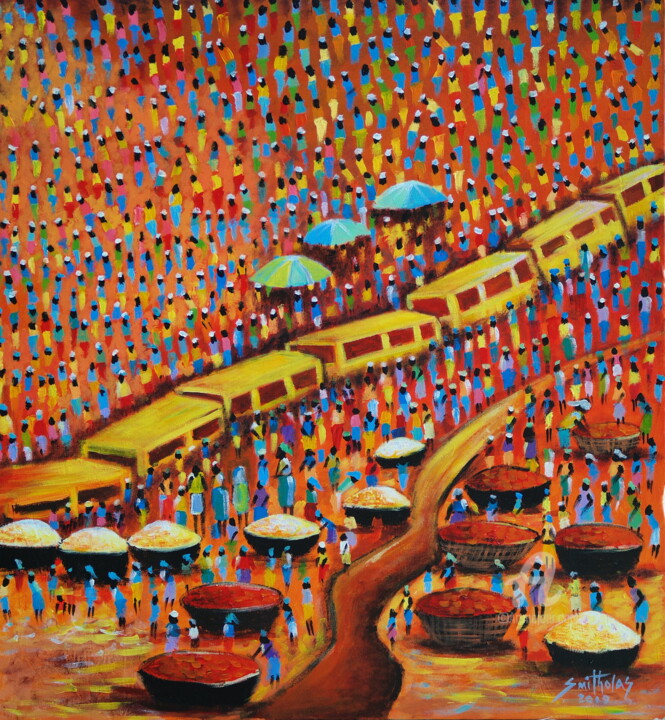 Painting titled "Busy Lagos Market" by Olaoluwa Smith, Original Artwork, Acrylic