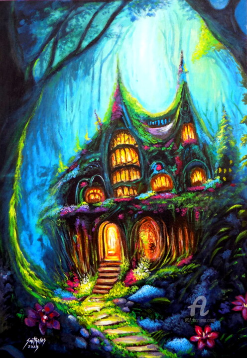 Painting titled "Fairy Cottage" by Olaoluwa Smith, Original Artwork, Acrylic