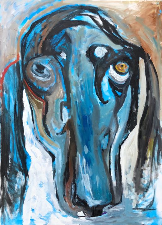 Painting titled "Blu dog" by Olga Rocher, Original Artwork, Oil