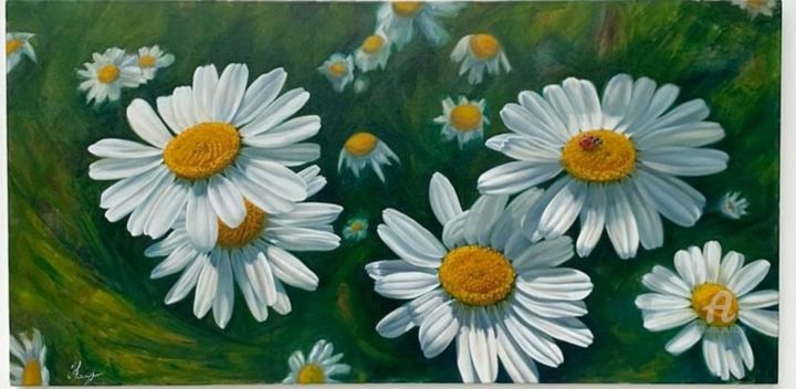 Картина под названием "chamomile" - Ольга Румянцева, Подлинное произведение искусства, Масло Установлен на Подрамник