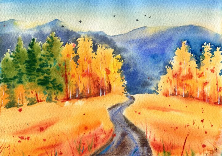 Картина под названием "Colorful autumn lan…" - Evgeniya Mokeeva, Подлинное произведение искусства, Акварель