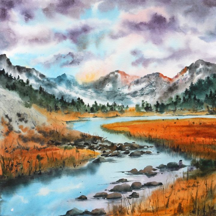 Картина под названием "Autumn landscape." - Evgeniya Mokeeva, Подлинное произведение искусства, Акварель