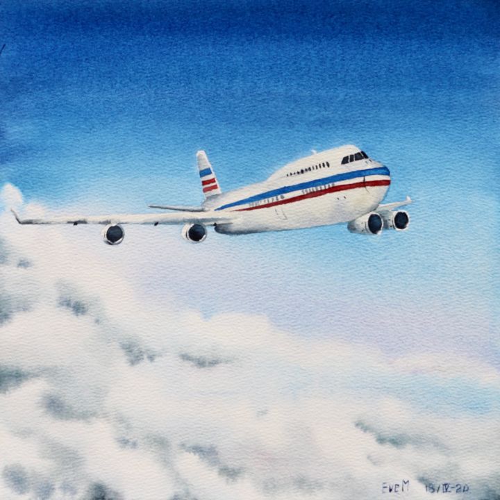 Ζωγραφική με τίτλο "Airplane" από Evgeniya Mokeeva, Αυθεντικά έργα τέχνης, Ακουαρέλα