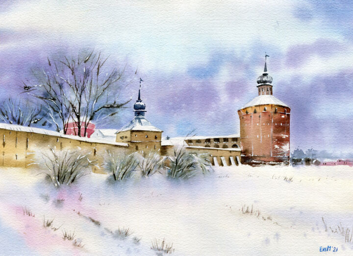 Картина под названием "Snowy landscape wit…" - Evgeniya Mokeeva, Подлинное произведение искусства, Акварель