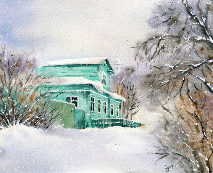 Painting titled "Snowy winter landsc…" by Evgeniya Mokeeva, Original Artwork, Watercolor