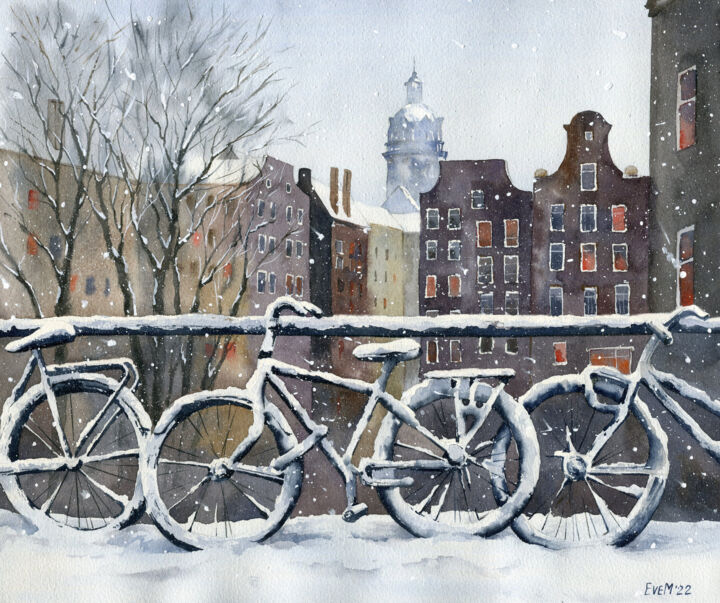 Painting titled "First snow. Amsterd…" by Evgeniya Mokeeva, Original Artwork, Watercolor