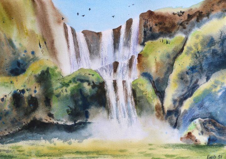 Painting titled "Waterfall. Summer l…" by Evgeniya Mokeeva, Original Artwork, Watercolor