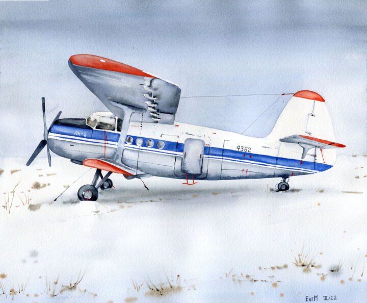 Painting titled "The plane is parked…" by Evgeniya Mokeeva, Original Artwork, Watercolor