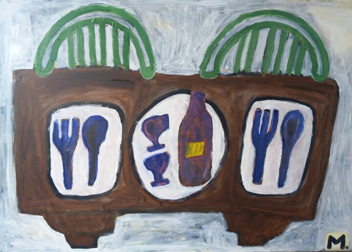 Malarstwo zatytułowany „Dinner at the table” autorstwa Ole Müller, Oryginalna praca, Akryl Zamontowany na Drewniana rama nos…