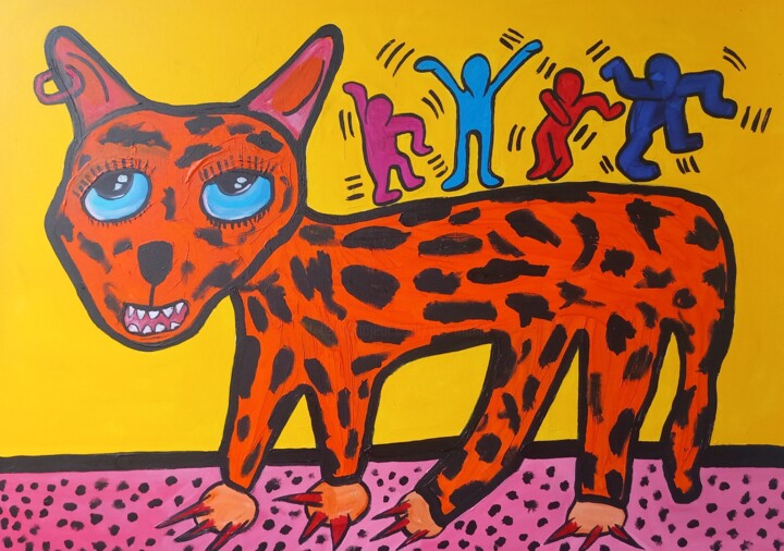 Картина под названием "Dj Cat" - Ole Müller, Подлинное произведение искусства, Акрил Установлен на Деревянная рама для носил…