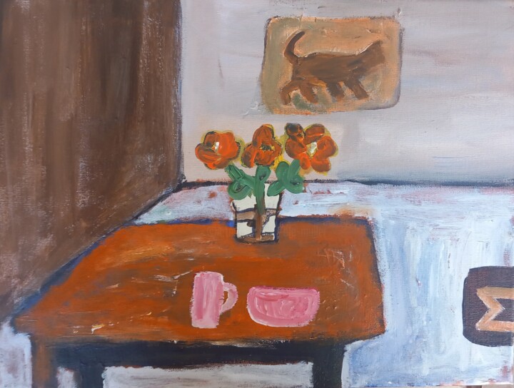 Malerei mit dem Titel "Tabel Flower" von Ole Müller, Original-Kunstwerk, Acryl Auf Keilrahmen aus Holz montiert