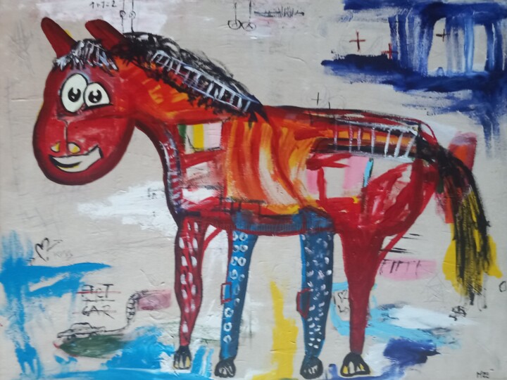 绘画 标题为“Das bunte Pferd” 由Ole Müller, 原创艺术品, 丙烯 安装在木质担架架上