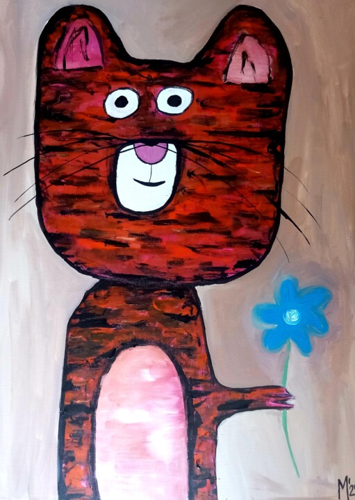 绘画 标题为“Katze mit Blume” 由Ole Müller, 原创艺术品, 丙烯 安装在木质担架架上