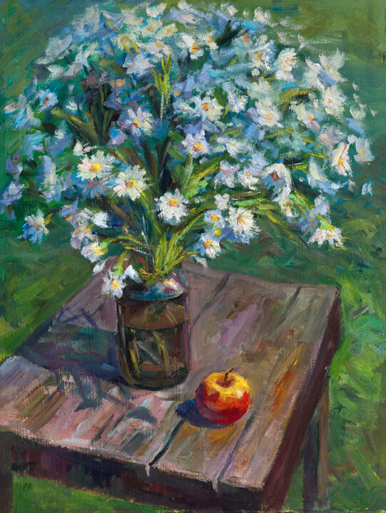 Painting titled "Study with daisies" by Oleg Abzalov, Original Artwork, Oil