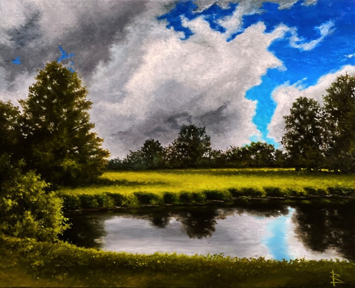 Painting titled "AT THE POND" by Oleg Baulin, Original Artwork, Oil Mounted on Wood Stretcher frame