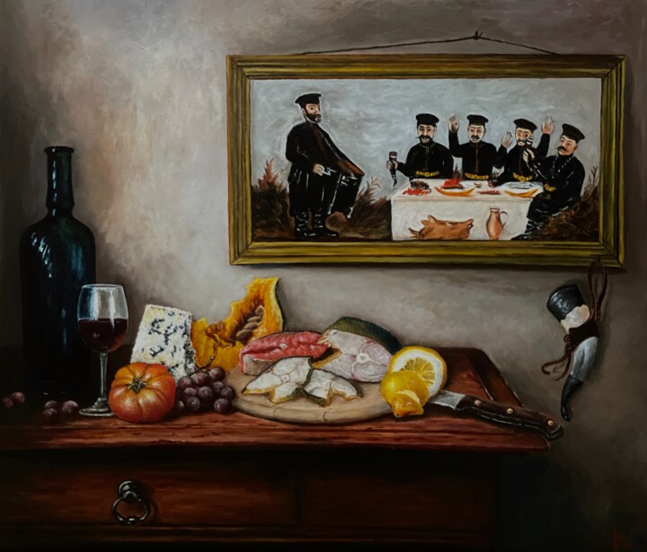 Painting titled "Feast" by Oleg Baulin, Original Artwork, Oil Mounted on Wood Stretcher frame