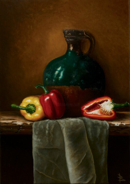 Painting titled "Still life with pep…" by Oleg Baulin, Original Artwork, Oil Mounted on Wood Stretcher frame