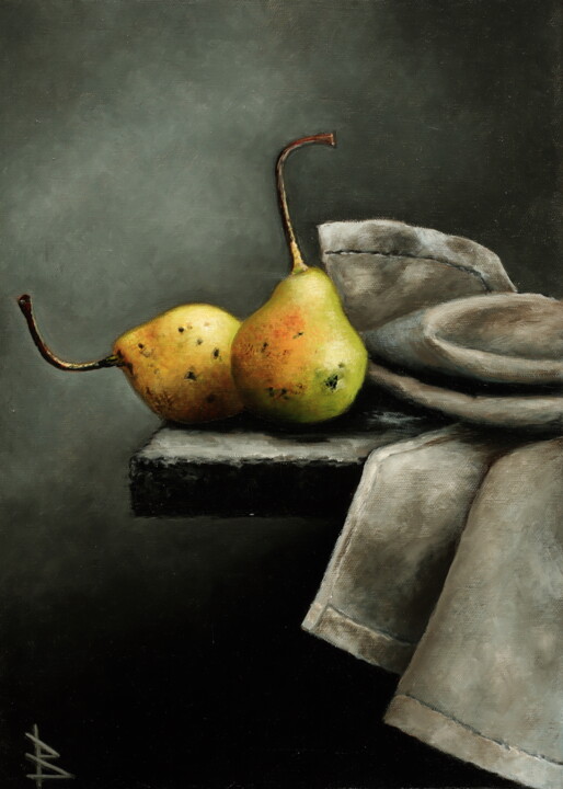 Painting titled "Two pears" by Oleg Baulin, Original Artwork, Oil Mounted on Wood Stretcher frame