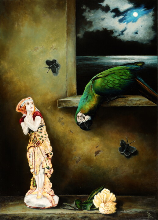 Painting titled "The unexpected guest" by Oleg Baulin, Original Artwork, Oil Mounted on Wood Stretcher frame