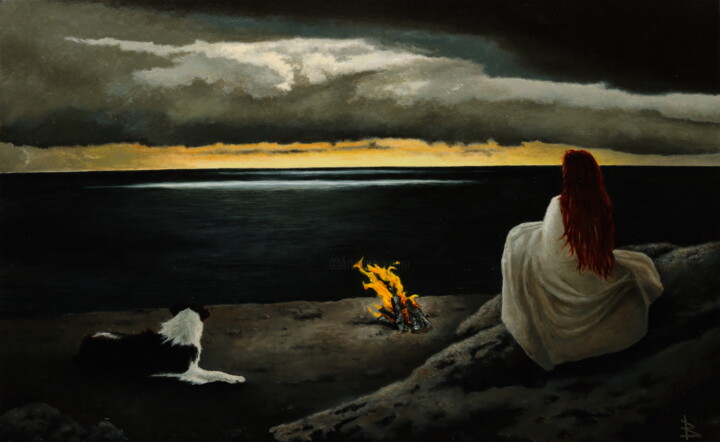 Painting titled "The fire" by Oleg Baulin, Original Artwork, Oil Mounted on Wood Stretcher frame