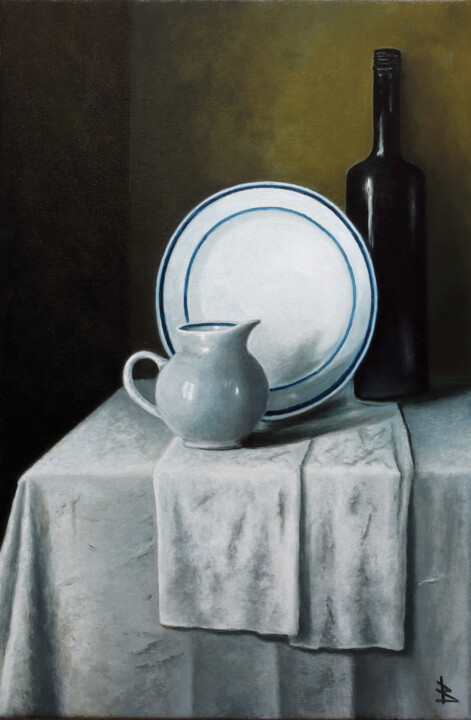 Painting titled "The white plate" by Oleg Baulin, Original Artwork, Oil Mounted on Wood Stretcher frame